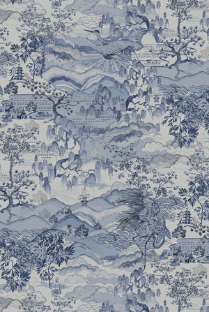 Dream Catcher wallpaper by Victoria Sanders in blue, flat sample of a dreamlike toile of birds and foliage