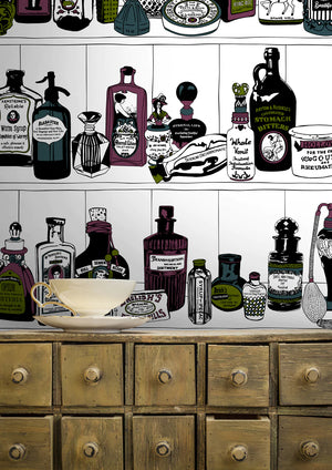 Potions wallpaper by Dupenny in multicolour, shelves of potion bottles above a sideboard