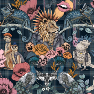 Punk Rocks wallpaper by Brand McKenzie in navy, close-up of punk animals among roses