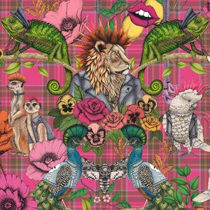 Punk Rocks wallpaper by Brand McKenzie in pink, detail of punk animals among roses