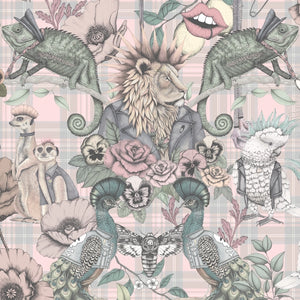 Punk Rocks wallpaper by Brand McKenzie in pink, close view of punk animals among roses