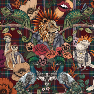 Punk Rocks wallpaper by Brand McKenzie in black, pattern detail of punk animals among roses