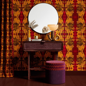Red River grasscloth by Dami and Em Design in red and orange, a mirrored marble design in a bedroom