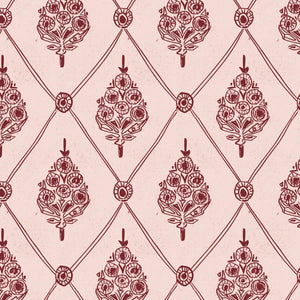 Agra wallpaper by Annika Reed in pink, flat sample of block-print flowers in a trellis