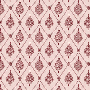 Agra velvet by Annika Reed in pink, full repeat of block-print flowers in a trellis