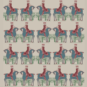 Red Coat velvet by Annika Reed in cream and teal, full repeat of riders on horseback