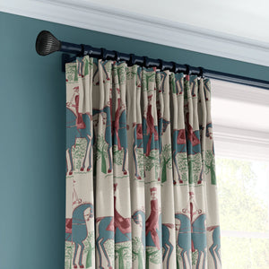 Red Coat linen by Annika Reed in cream and teal, riders on horseback made into curtains