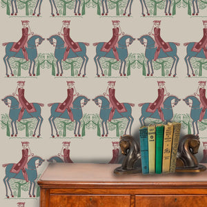 Red Coat wallpaper by Annika Reed in teal and red, riders on horseback above a sideboard