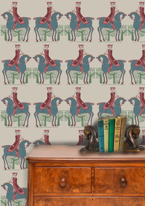 Red Coat wallpaper by Annika Reed in teal and red, riders on horseback above a sideboard