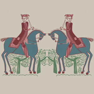 Red Coat wallpaper by Annika Reed in teal and red, close-up of riders on horseback