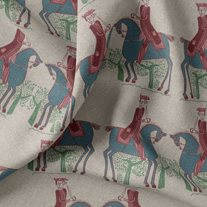 Red Coat linen by Annika Reed in cream and teal, in soft folds showing riders on horseback