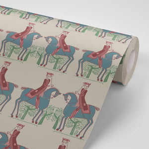 Red Coat wallpaper by Annika Reed in teal and red, roll showing riders on horseback