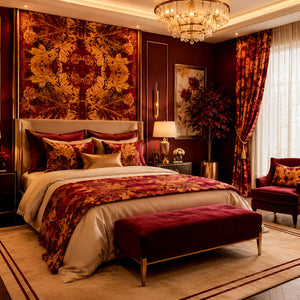 Red River velvet by Dami and Em Design in red and gold, a mirrored marble design in a bedroom
