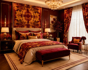 Red River velvet by Dami and Em Design in red and gold, a mirrored marble design in a bedroom
