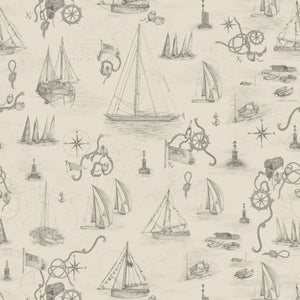 Cowes wallpaper by XV Interiors in cream, full repeat of sailing boats and anchors