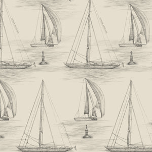 Hamble Yachts wallpaper by XV Interiors in cream, flat sample of sketched yachts