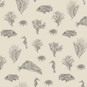 Solent Snapper wallpaper by XV Interiors in cream, flat sample of fish, seahorses and coral