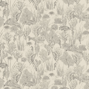 Seaview wallpaper by XV Interiors in cream, full repeat of fish among seaweed