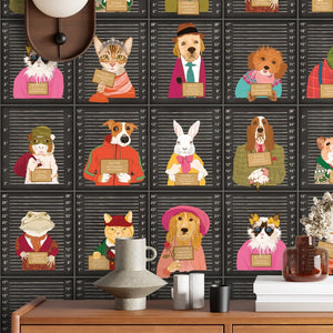 Resisting Arrest wallpaper by Brand McKenzie in black, animal mugshot portraits behind a console table