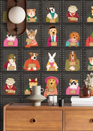 Resisting Arrest wallpaper by Brand McKenzie in black, animal mugshot portraits behind a console table