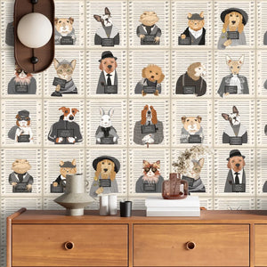 Resisting Arrest wallpaper by Brand McKenzie in cream, animal mugshot portraits above a sideboard