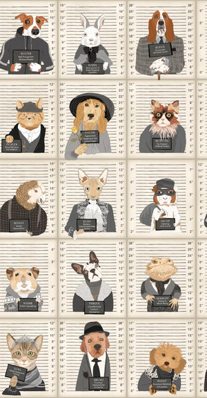 Resisting Arrest wallpaper by Brand McKenzie in cream, detail of animal mugshot portraits