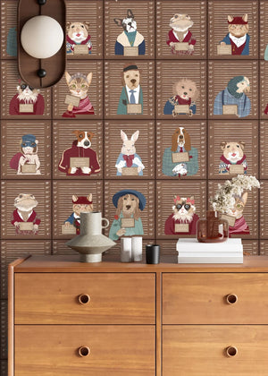 Resisting Arrest wallpaper by Brand McKenzie in brown, animal mugshot portraits above a cabinet