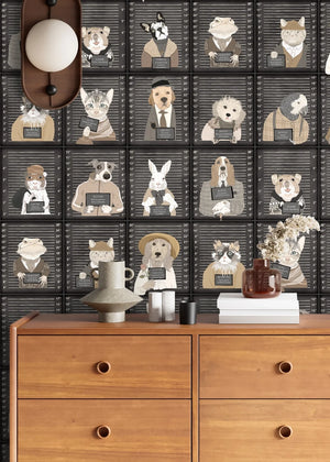 Resisting Arrest wallpaper by Brand McKenzie in black, detail of animal mugshot portraits