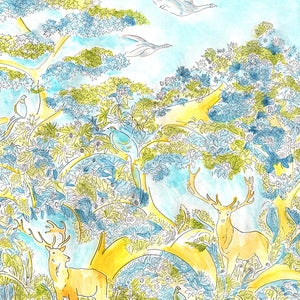 Reve D’Enfant wallpaper by Claire de Quénetain in green and orange, a hand-painted floral design in a child's room