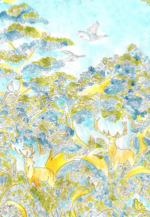 Reve D’Enfant wallpaper by Claire de Quénetain in green and orange, a hand-painted floral design in a child's room
