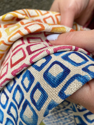 Riad linen by Bethie Tricks in blue, a tile pattern made into a cushion