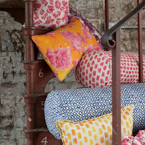 Riad linen by Bethie Tricks in blue, a tile pattern as a cushion