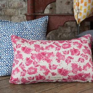 Riad linen by Bethie Tricks in blue, a tile pattern on a scatter cushion