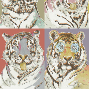 Roar Emotions wallpaper by Brand McKenzie in pink and blue, detail of pop-art tiger faces