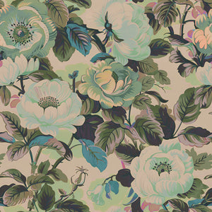 Rococo Roses wallpaper by Tatie Lou in sage green, full repeat of painterly roses
