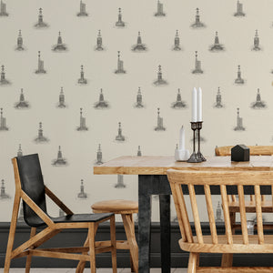 Cardinal wallpaper by XV Interiors in cream, lighthouses and buoys behind a dining table