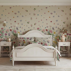 Seasons in Bloom wallpaper by Victoria Sanders in sage green, a meadow of flowers rising from the base in a bedroom
