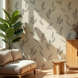 Newtown Creek wallpaper by XV Interiors in cream, drifting feathers behind a sofa in a living room