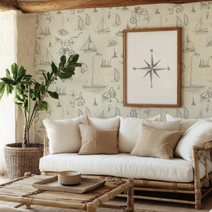 Cowes wallpaper by XV Interiors in cream, sailing boats and anchors behind a sofa in a living room