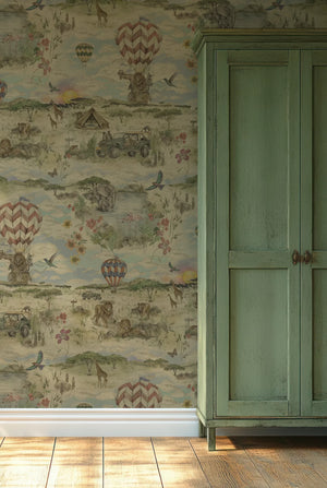 Lyons Den wallpaper by Victoria Sanders in green, a hot-air balloon and safari toile in a hallway