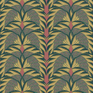 Plume wallpaper by Tatie Lou in pink and gold, sample roll showing Deco plumes