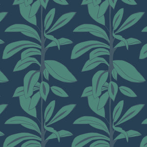 Rubber Plant wallpaper by Annika Reed in navy and green, full repeat of rubber plant leaves