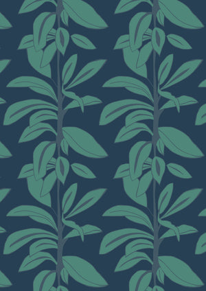 Rubber Plant wallpaper by Annika Reed in navy and green, full repeat of rubber plant leaves