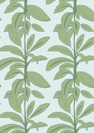 Rubber Plant wallpaper by Annika Reed in sage green, pattern sample of rubber plant leaves