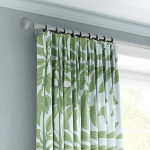 Rubber Plant linen by Annika Reed in green, rubber plant leaves made into curtains