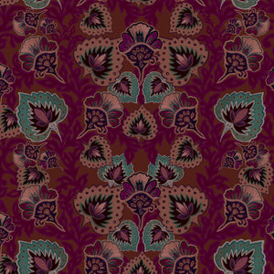 Garden of India wallpaper by Tatie Lou in burgundy, full repeat of an Indian-style garden medallion