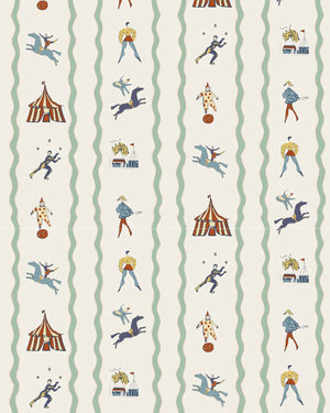 Run Away to the Circus wallpaper by Annika Reed in green, pattern sample of circus performers and tents