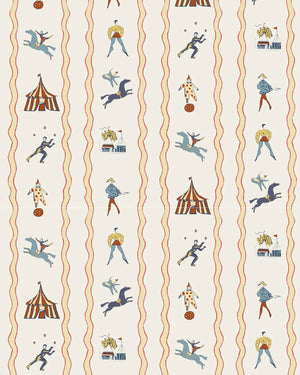 Run Away to the Circus linen by Annika Reed in cream, flat sample of circus performers and tents