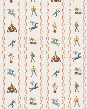 Run Away to the Circus wallpaper by Annika Reed in pink, full repeat of circus performers and tents