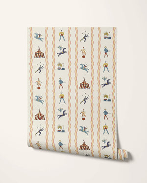 Run Away to the Circus wallpaper by Annika Reed in cream, roll showing circus performers and tents (alternate view)